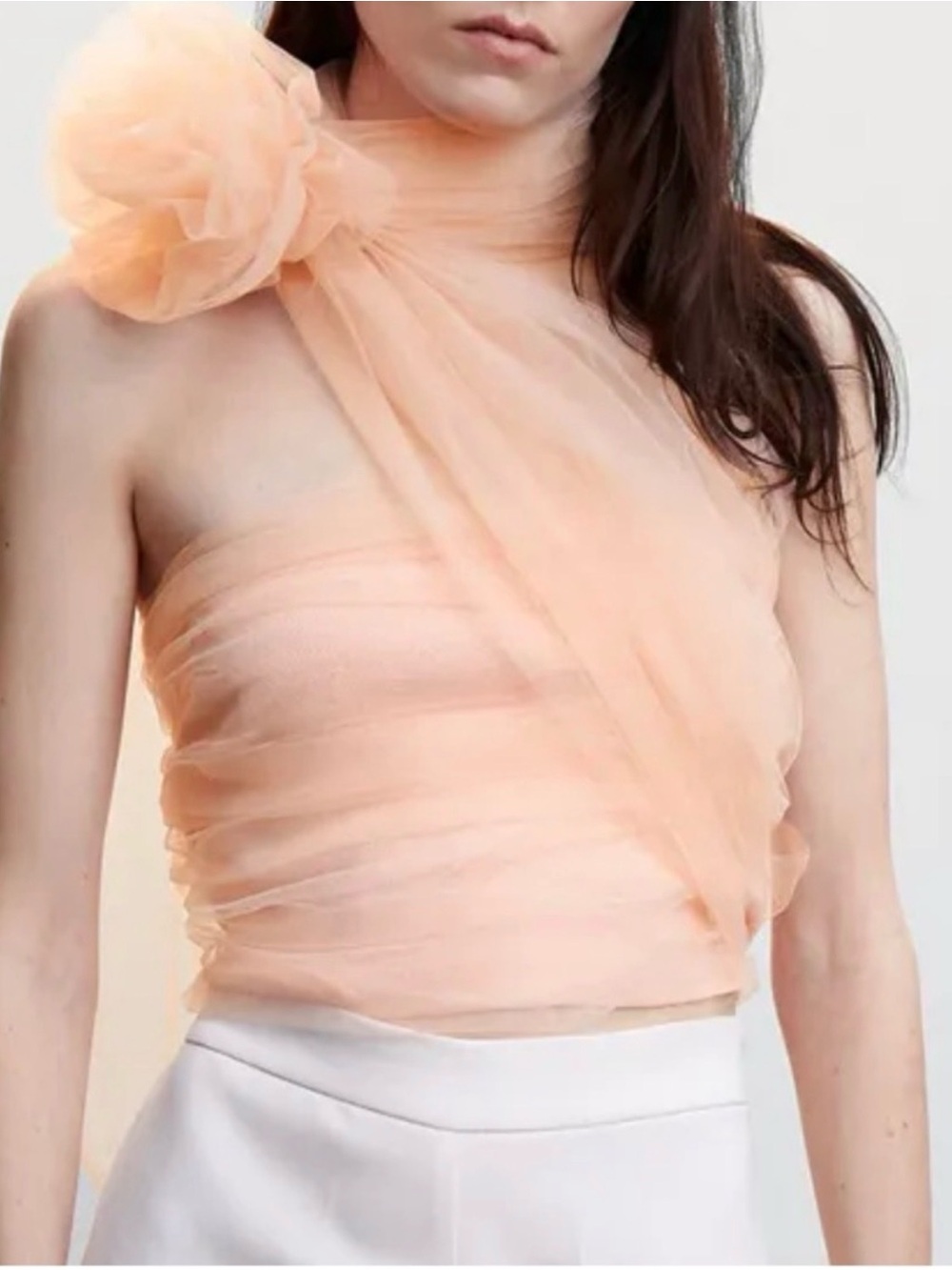 Mango Peach Sheer One-Shoulder Tulle Top with Rosette